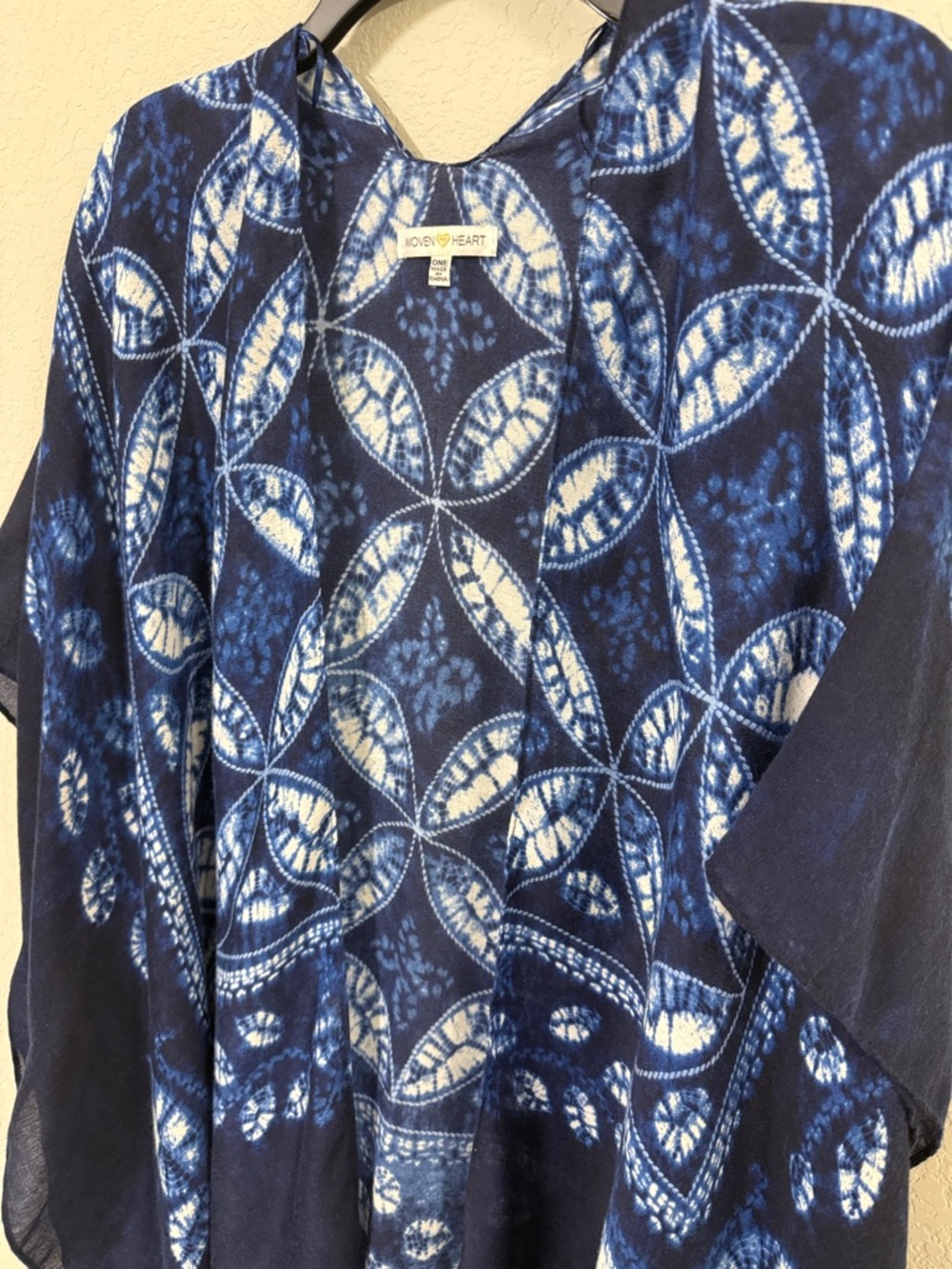 Woven Heart Blue and White Geometric Tie Dye Kimono Top